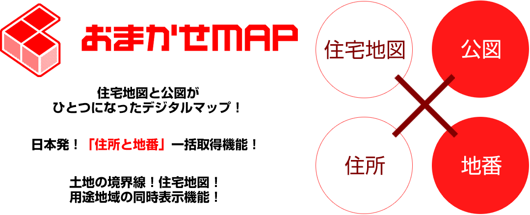 おまかせMAP｜住宅地図と公図がひとつになったデジタルマップ！｜日本初！「住所と地番」一括取得機能！
